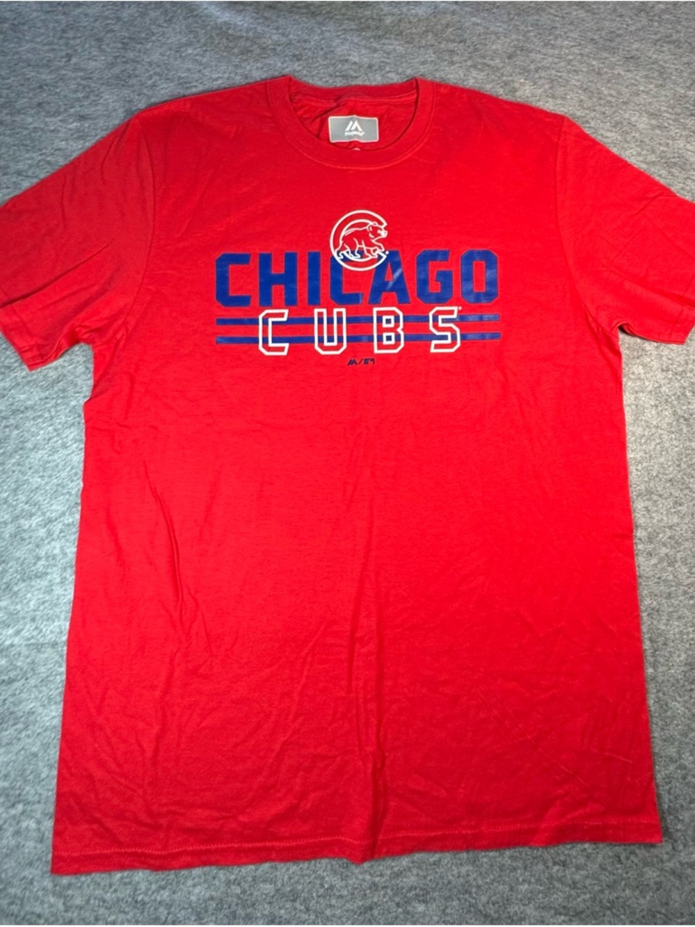 Majestic Red Chicago Cubs Logo Tee with Blue Accents